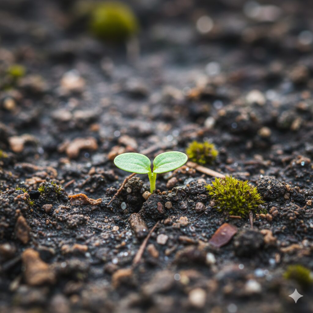 フィオリーナ 多年草 枯れた親株の鉢から秋に発芽したフィオリーナのこぼれ種(実生苗)の双葉