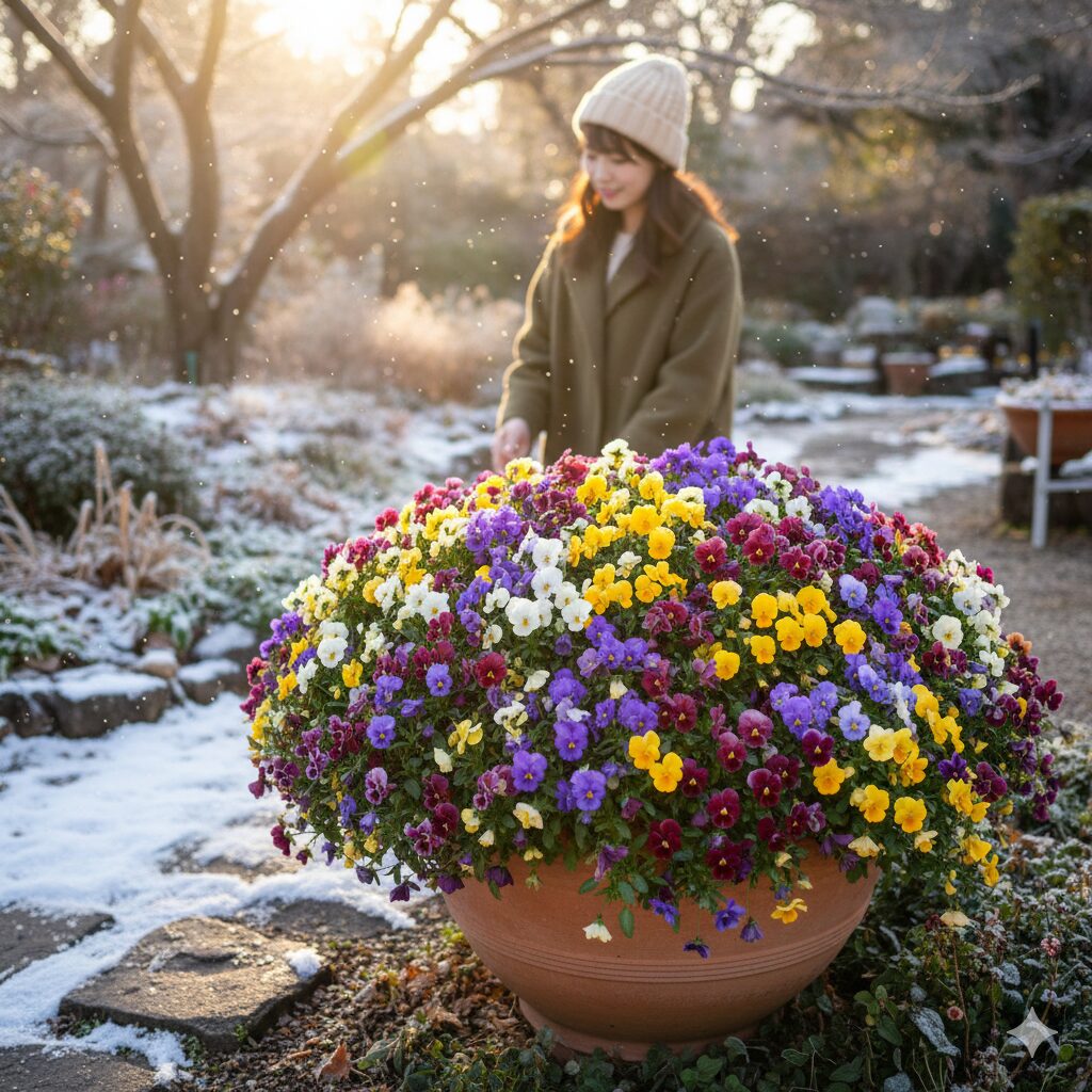 フィオリーナ 花言葉　冬の庭で満開に咲き誇るサントリーフラワーズのビオラ「フィオリーナ」の寄せ植え