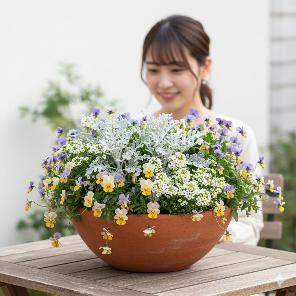 フィオリーナ 花言葉　フィオリーナとシルバーリーフを使った、冬におしゃれな「ホワイト＆ブルーガーデン」の寄せ植え例。