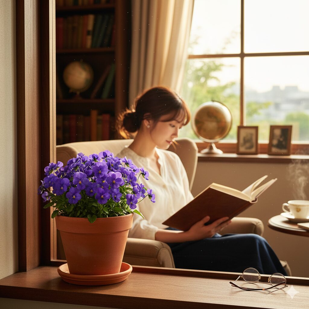 フィオリーナ 花言葉　窓辺に飾られた青紫色のフィオリーナ。色彩心理効果で心を落ち着かせる癒やしの空間。