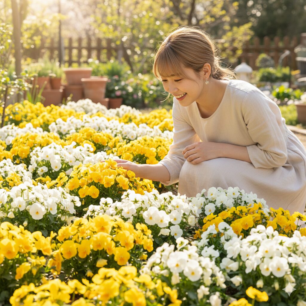 フィオリーナ 花言葉　「田園の幸福」を象徴する黄色と、「純真」を表す白のフィオリーナが咲き競う明るい庭の様子。