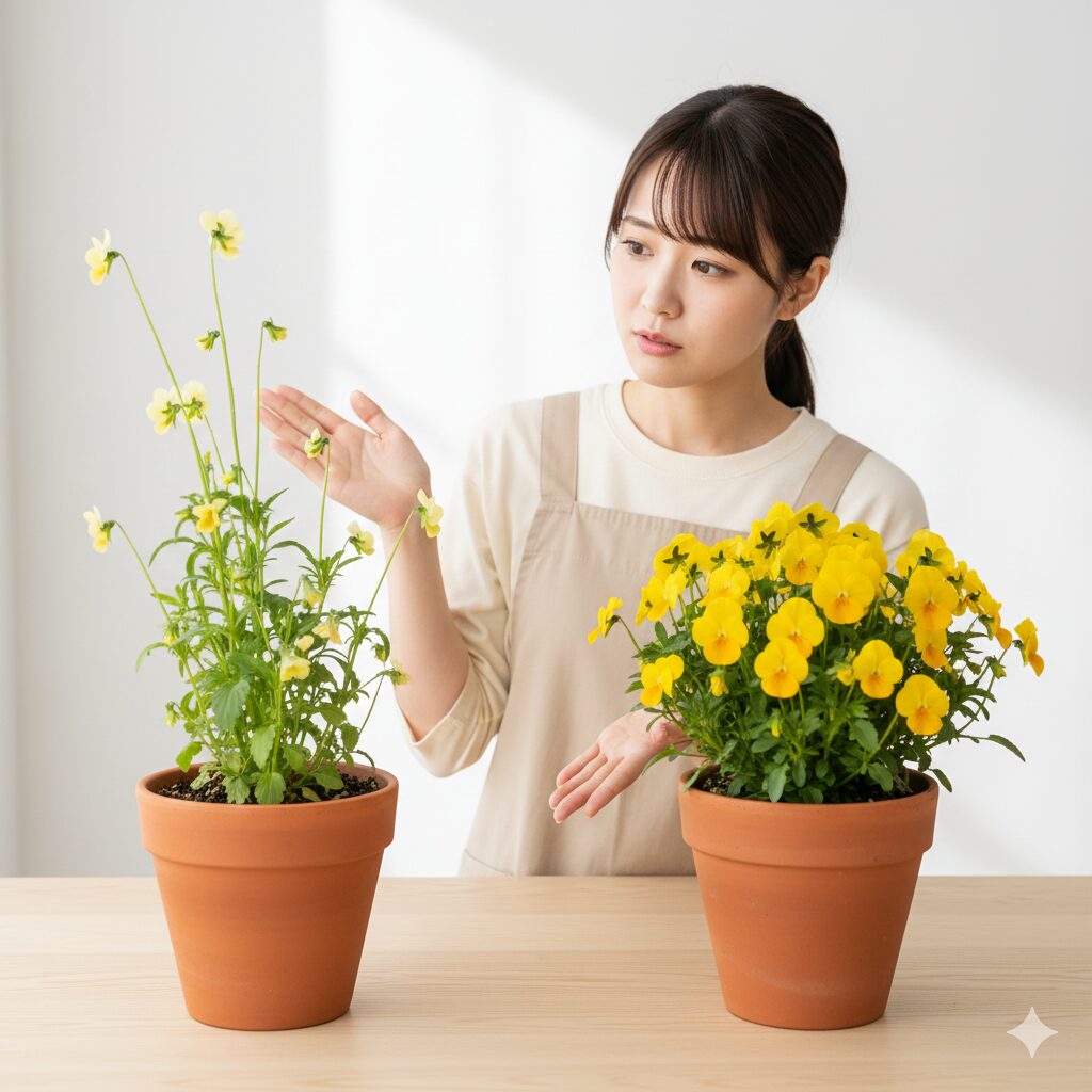 フィオリーナ 花言葉　日照不足で徒長したビオラ（左）と、日光を浴びて健康に育ったフィオリーナ（右）の比較写真。