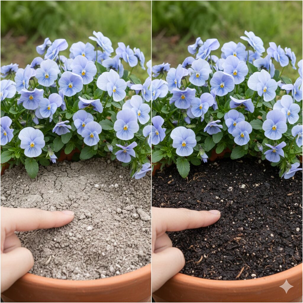 フィオリーナ 花言葉　フィオリーナの水やりのタイミング。土の表面が乾いて白っぽくなった状態（左）と水やり後の湿った状態（右）の比較。