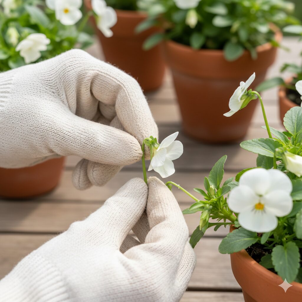 フィオリーナ 花言葉　フィオリーナの花数を増やすための重要な作業「花がら摘み」の手順を示す手元の写真。
