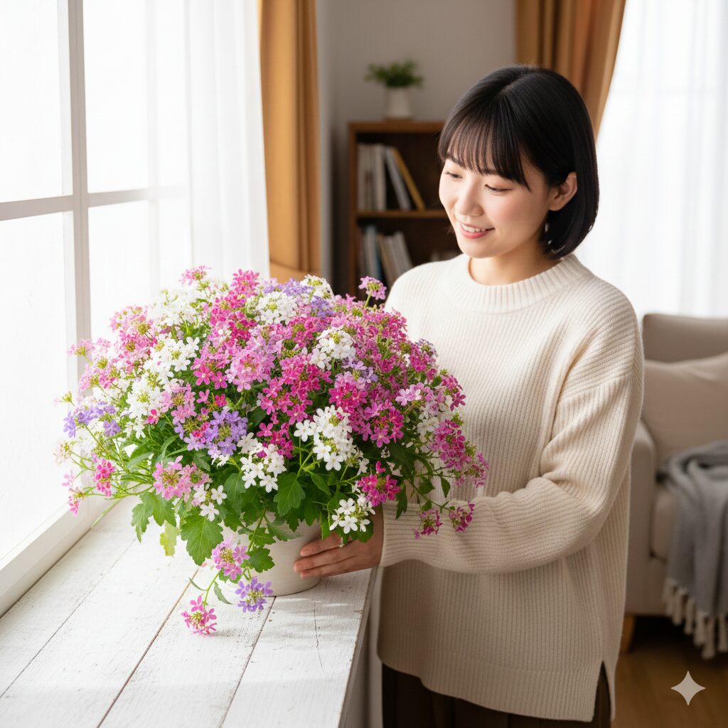 フェアリースター 冬越し　室内で元気に冬越しし満開の花を咲かせているフェアリースターの鉢植え