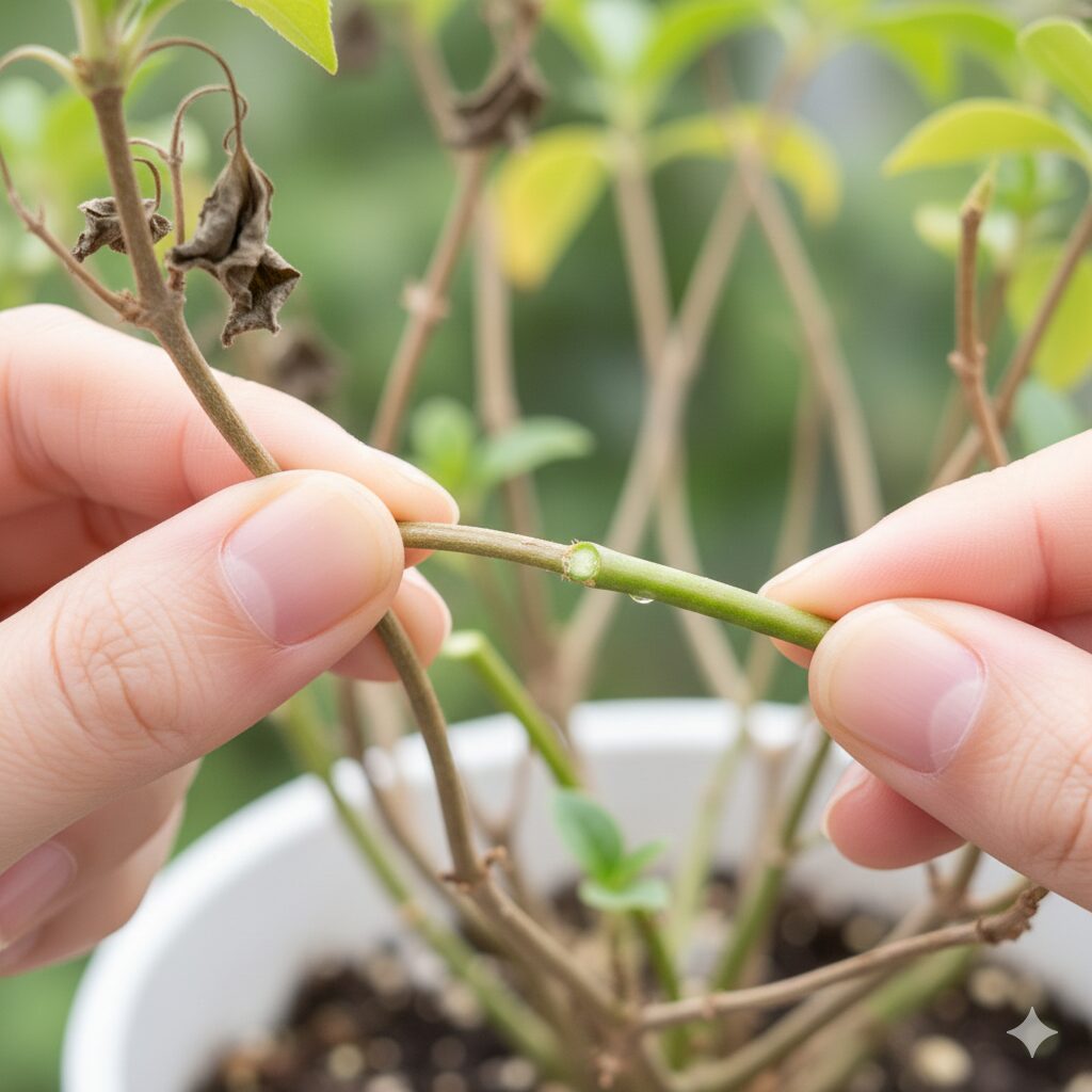 フェアリースター 冬越し　葉が落ちたフェアリースターの茎が生きているか確認するための緑色の断面と弾力チェック