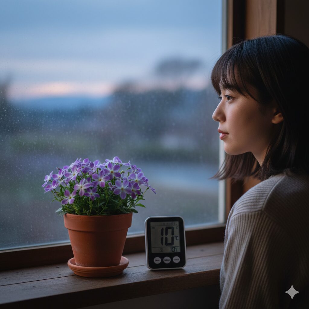 フェアリースター 冬越し　フェアリースターを室内に取り込む目安となる最低気温10℃を表示した温度計