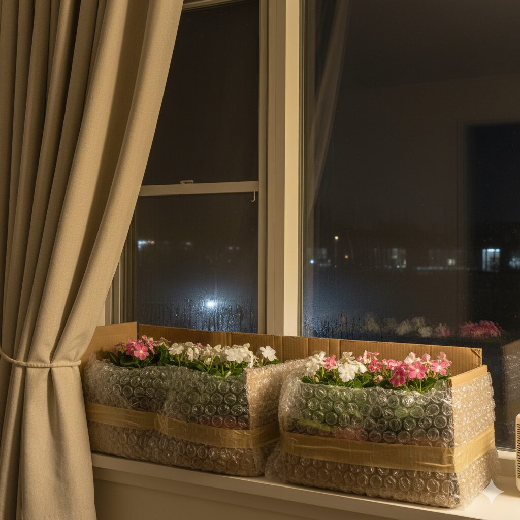 フェアリースター 冬越し　窓辺で冬越しするフェアリースターのための段ボールやカーテンを使った夜間の冷気対策