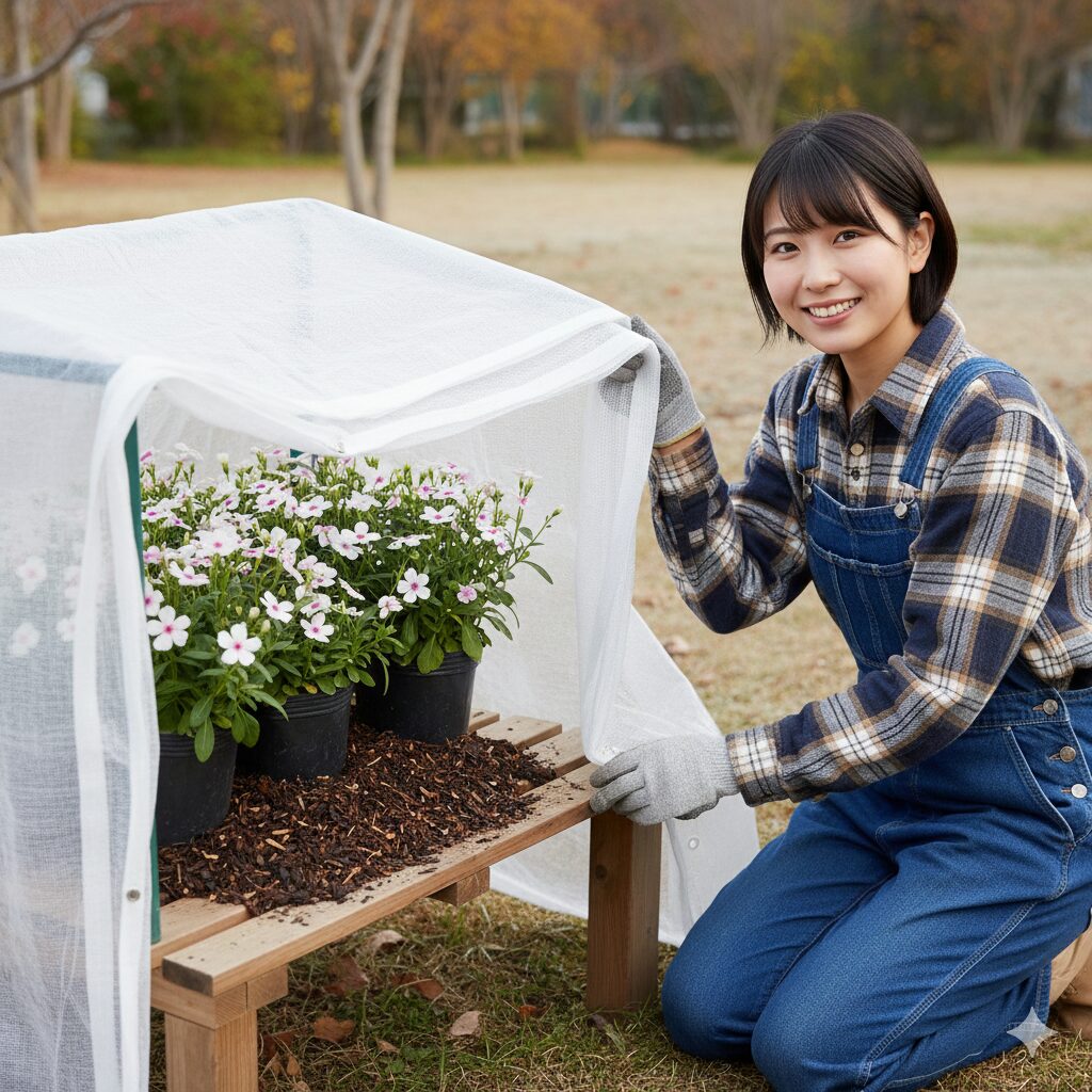 フェアリースター 冬越し　暖地でのフェアリースター屋外冬越しに必要なマルチングや二重被覆などの防寒対策