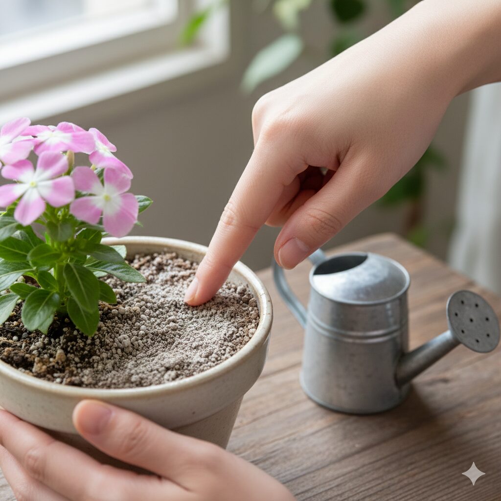 フェアリースター 冬越し　フェアリースターの冬の水やりタイミングを見極めるための指を使った土の乾燥確認方法