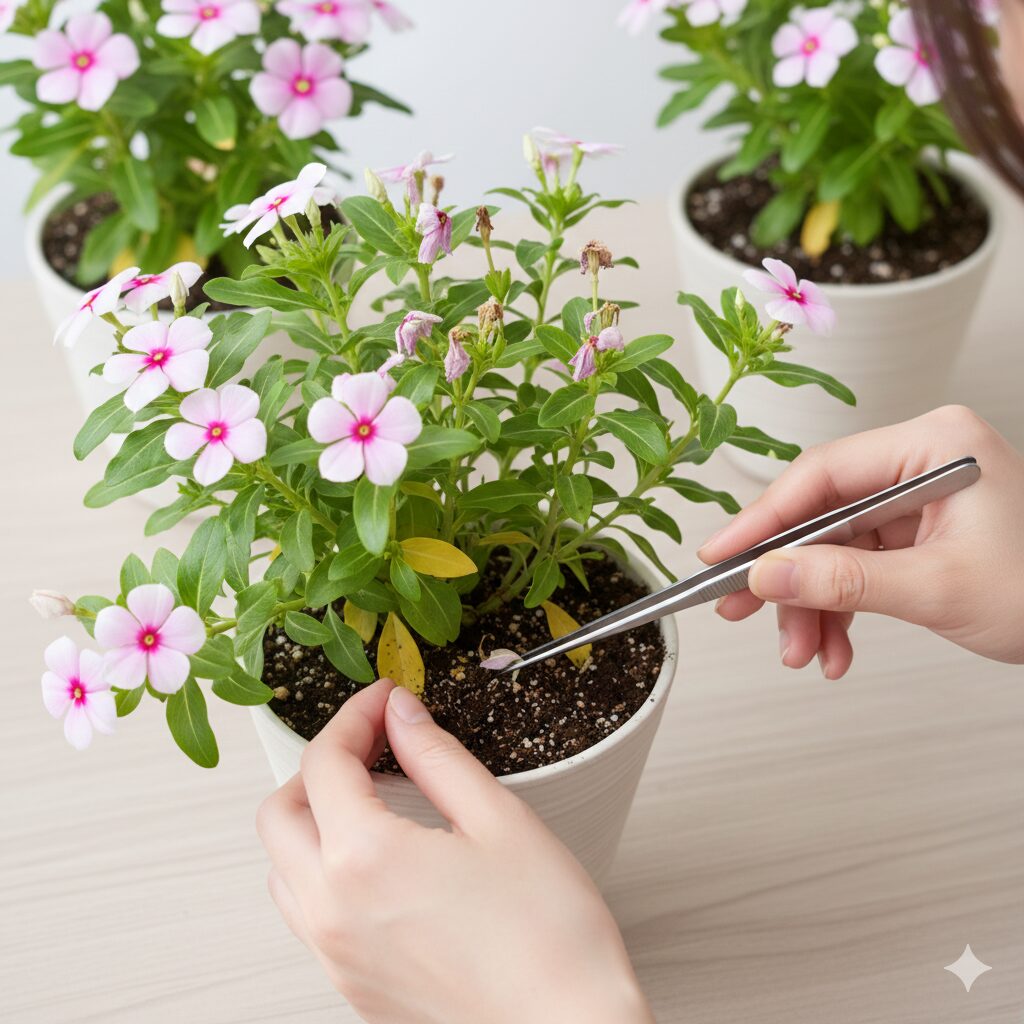 フェアリースター 冬越し　灰色かび病の原因となる枯れ葉や花がらをピンセットで除去し衛生状態を保つ様子