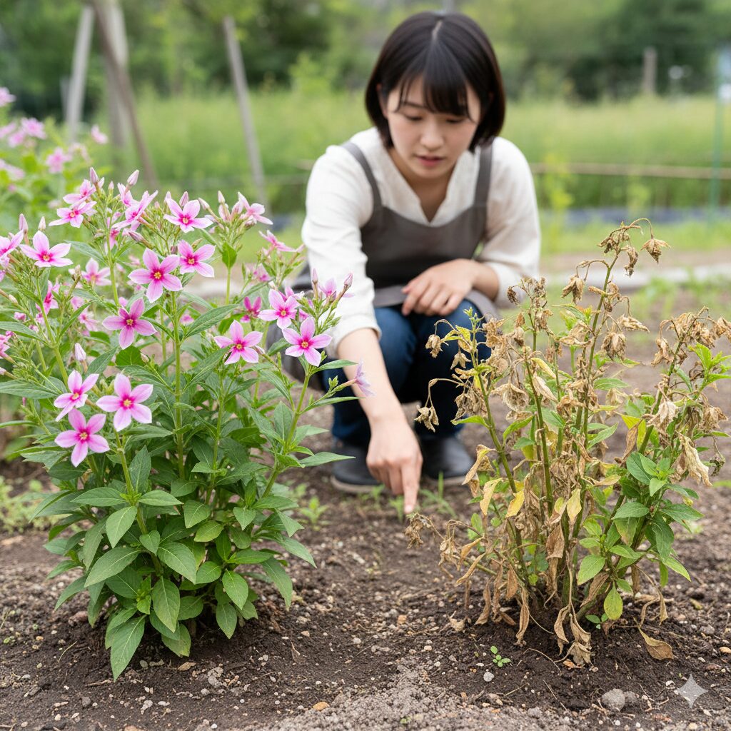 フェアリースター 地植え　湿気とカビが原因で茎元から腐敗して枯れたフェアリースターの立ち枯れ病の症状
