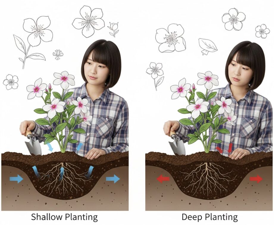 フェアリースター 地植え　茎腐れを防ぐためのフェアリースターの正しい浅植えと深植えの比較図解
