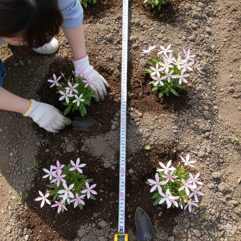 フェアリースター 地植え　蒸れと病気を防ぐために30cm以上の株間を確保したフェアリースターの植え付け