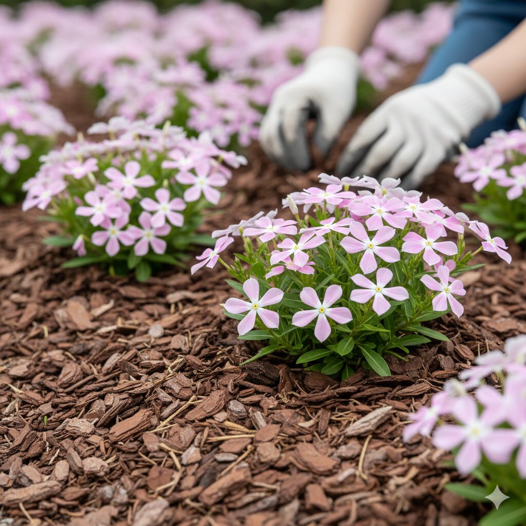 フェアリースター 地植え　立ち枯れ病予防と乾燥対策のために株元に施したバークチップのマルチング