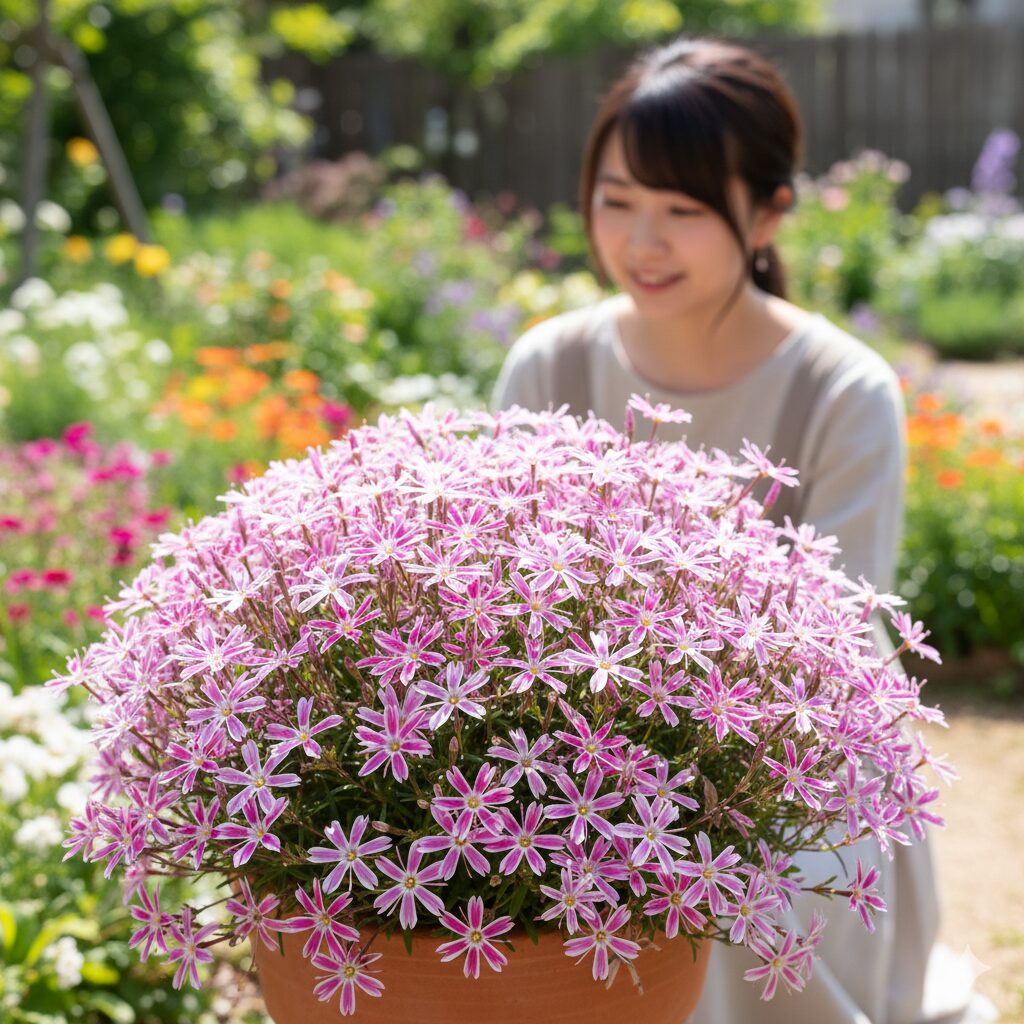 フェアリースター 挿し木　庭でドーム状に満開に咲く極小輪のニチニチソウ「フェアリースター」のピンクと白の花