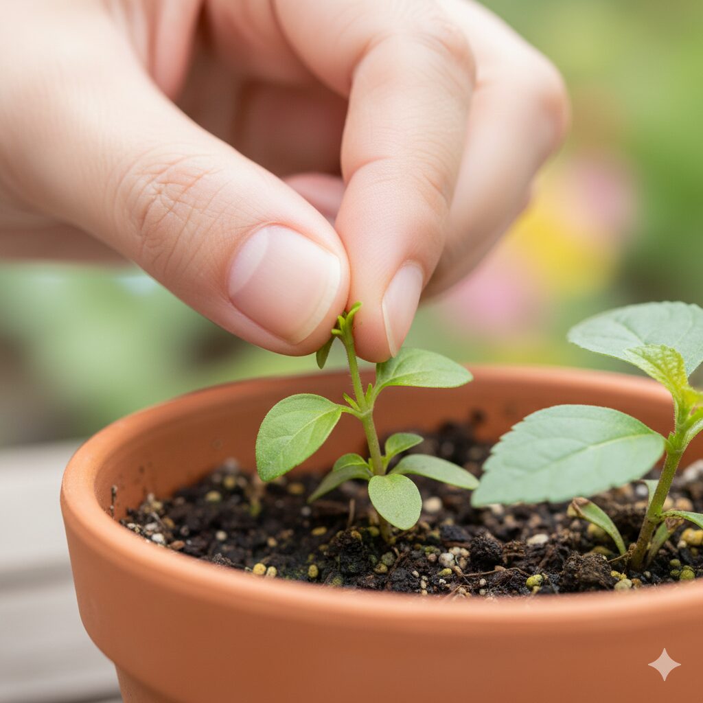 フェアリースター 挿し木　枝数を増やして花を満開にするために茎の先端を指で摘み取る「摘芯（ピンチ）」の作業