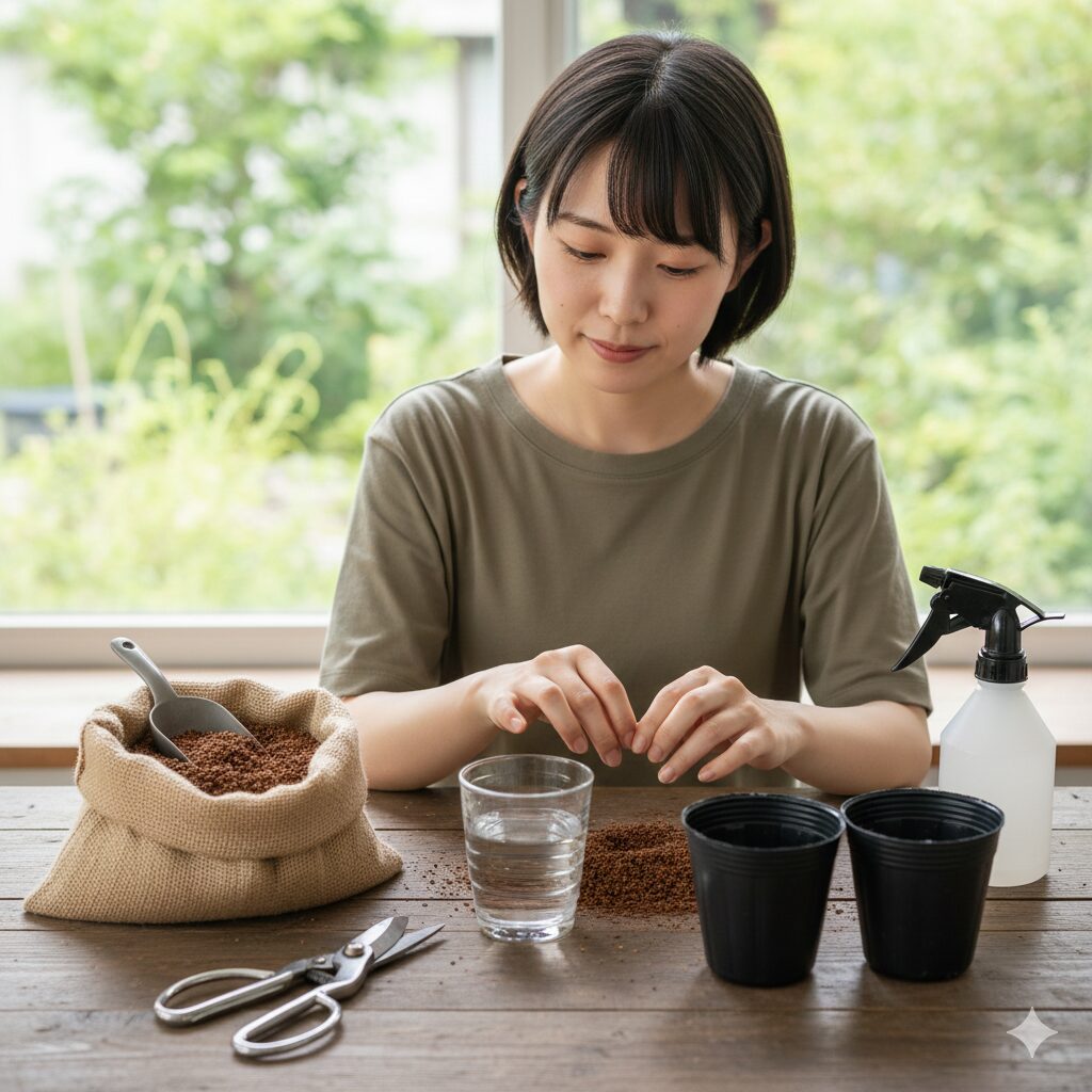 フェアリースター 挿し木　フェアリースターの挿し木に必要な道具一式（清潔なハサミ、赤玉土、ポット、水、霧吹き）