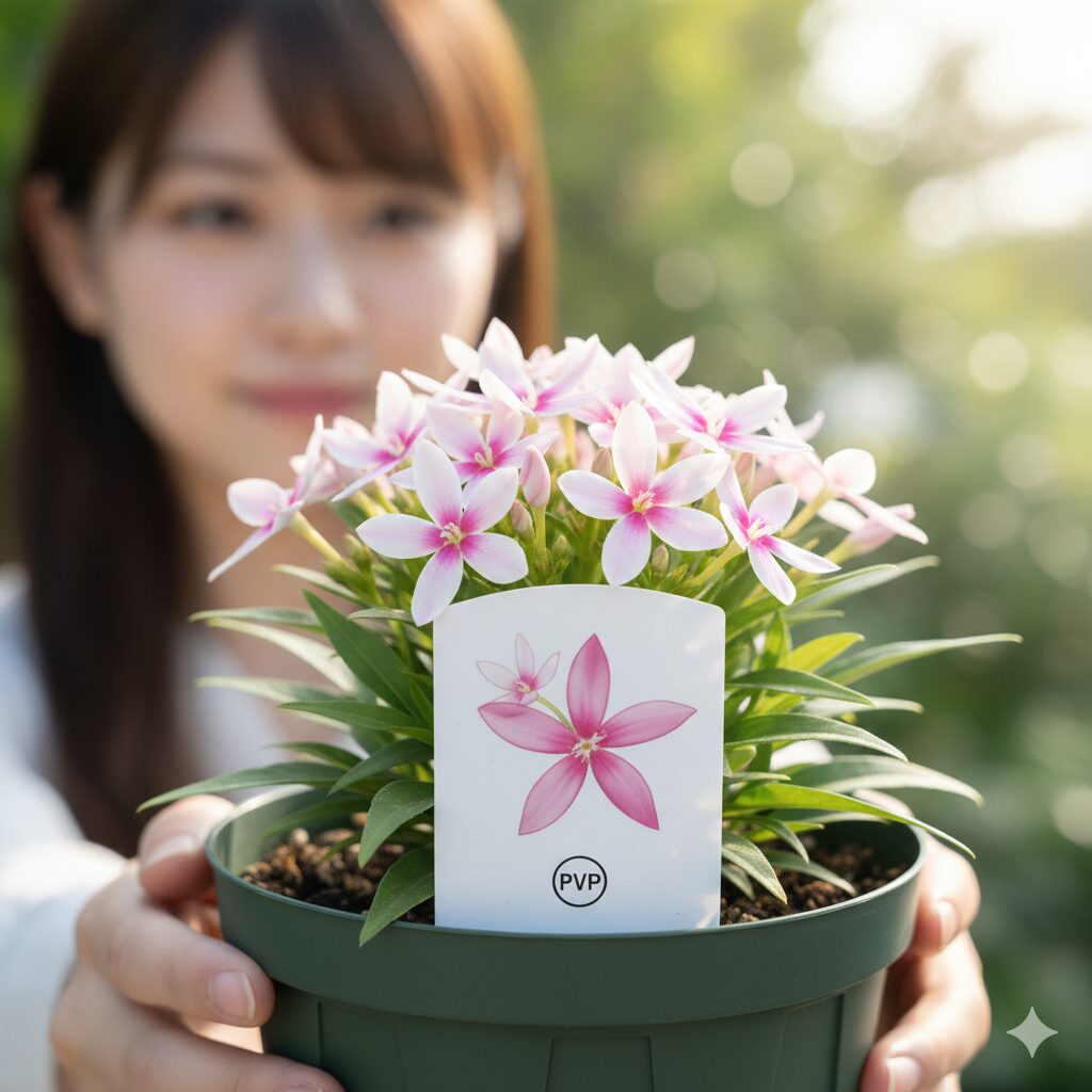 フェアリースター 挿し木　種苗法に基づく登録品種であることを示す「PVP」マークと無断増殖禁止の警告が記載された花苗のラベル