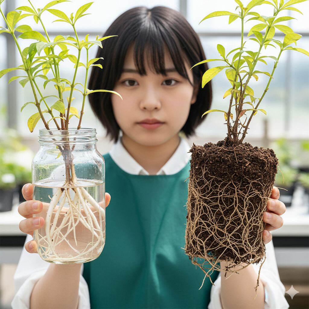 フェアリースター 挿し木　水挿しで発根した白く脆い根（左）と土挿しで成長した細かく分岐した丈夫な根（右）の比較写真