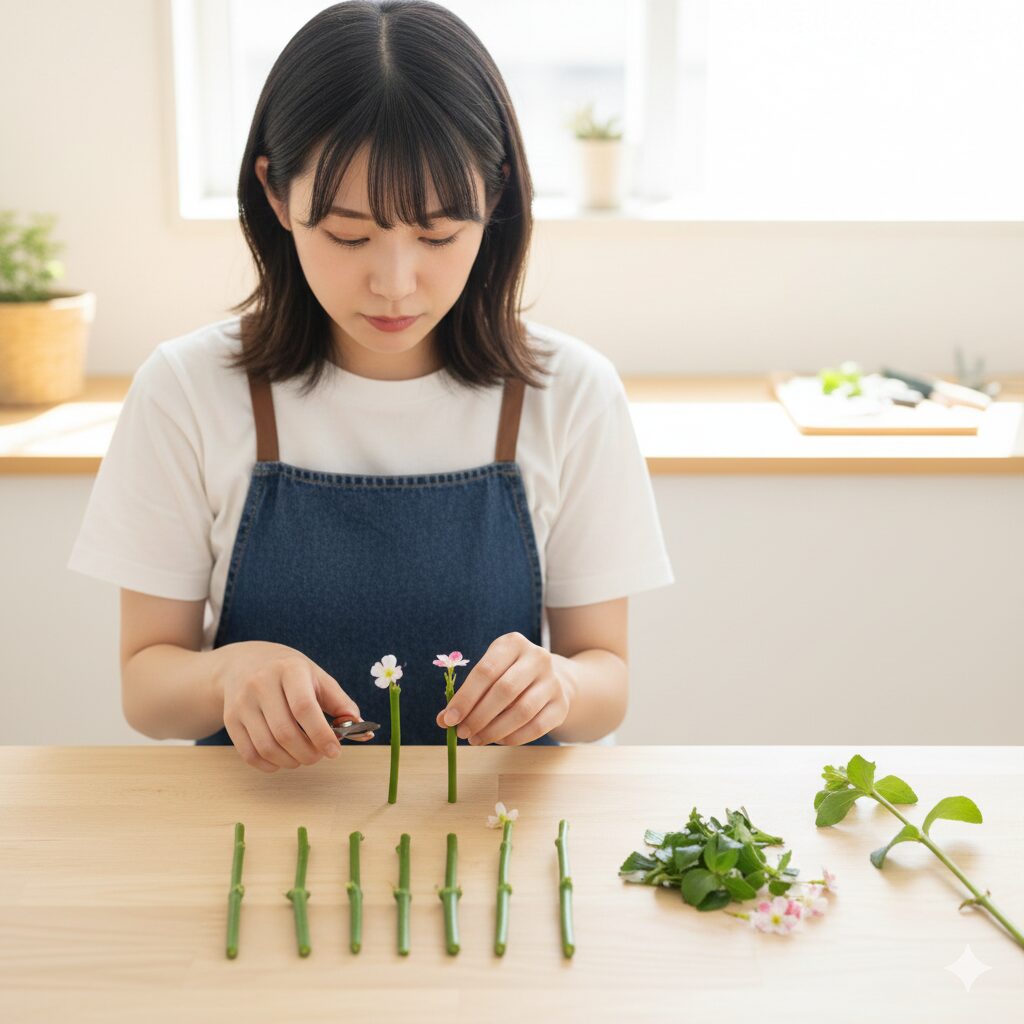 フェアリースター 挿し木　発根を促進するために下葉と花・蕾をすべて取り除いて調整したフェアリースターの挿し穂