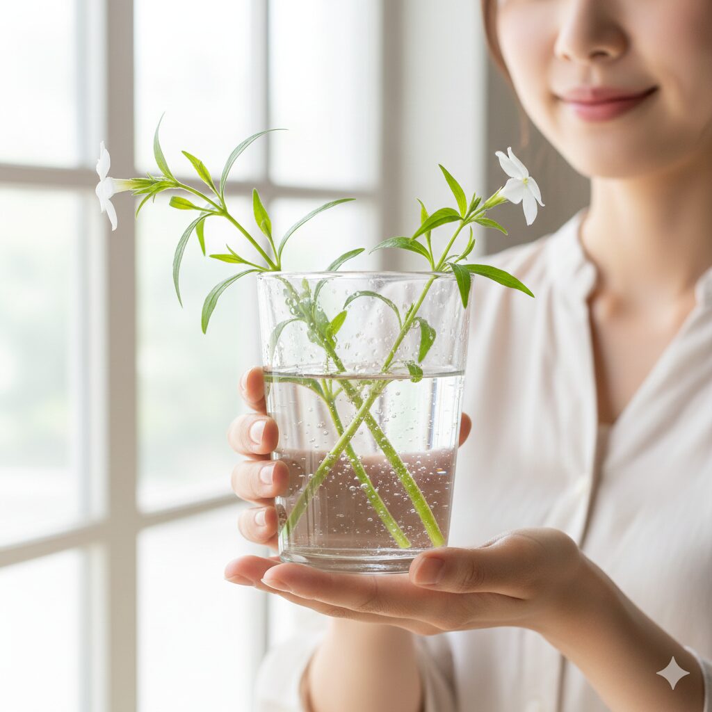 フェアリースター 挿し木　乳液を洗い流した後、コップの水に浸けて水揚げを行っているフェアリースターの挿し穂