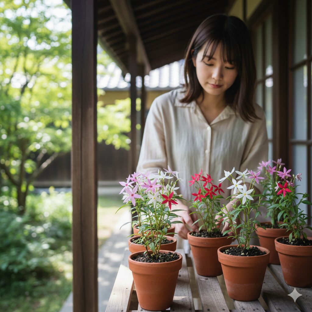 フェアリースター 挿し木　挿し木直後の苗を管理する直射日光を避けた風通しの良い明るい日陰の環境