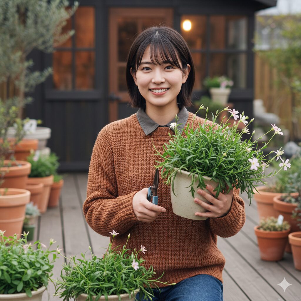 フェアリースター 種取り 冬越し中の蒸散を抑えるために株全体を短く切り戻し剪定したフェアリースター