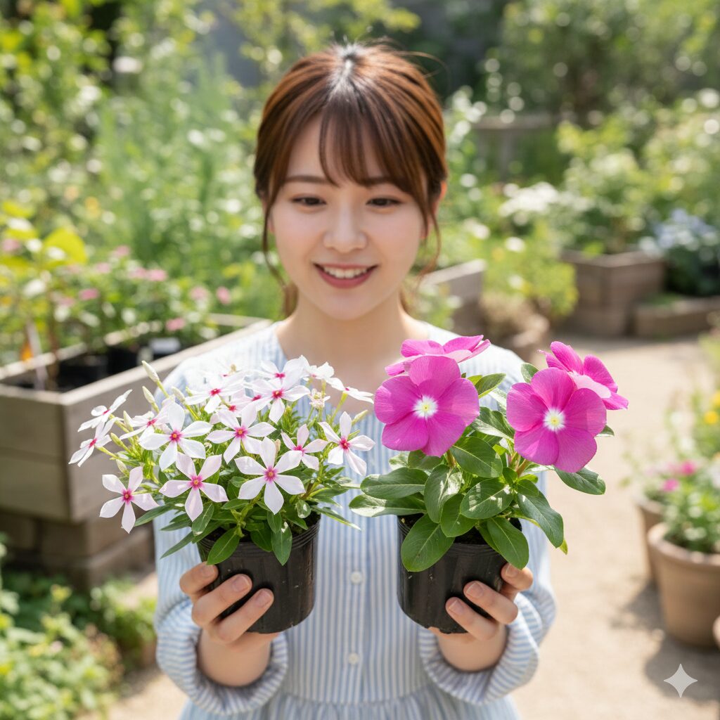 フェアリースター 種取り フェアリースターの極小花と先祖返りで巨大化した一般的なニチニチソウの花の比較