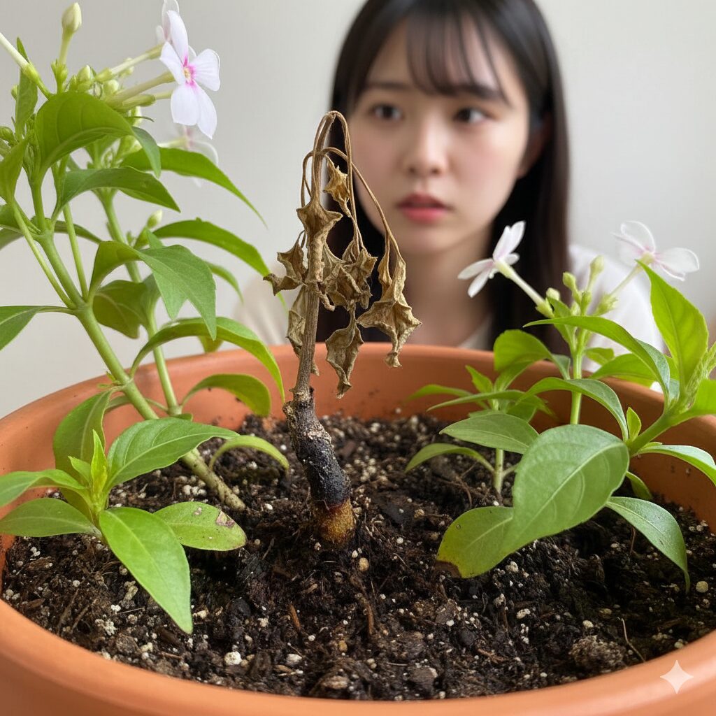 フェアリースター 種取り 立ち枯れ病により地際の茎が変色し枝の一部が萎れて枯れたフェアリースター