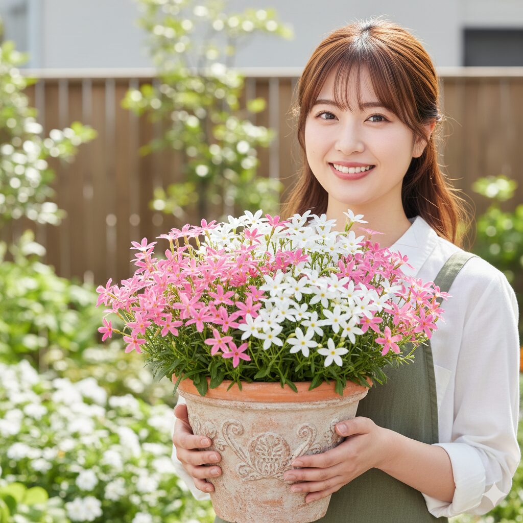 フェアリースター 花言葉　2色の花がバランスよく混ざり合って咲くフェアリースターの寄せ植え