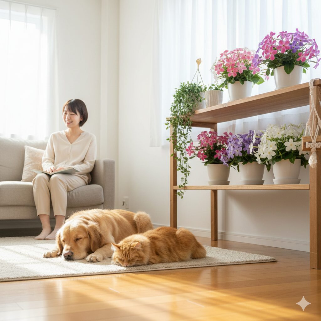 フェアリースター 花言葉　ペットの誤食を防ぐために高い場所に飾られたフェアリースターの鉢植え
