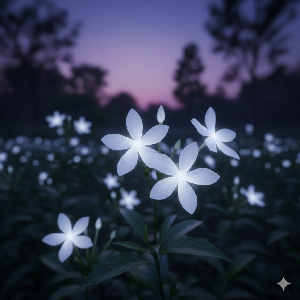 フェアリースター 花言葉　夕暮れの庭で白く幻想的に浮かび上がるホワイトのフェアリースター