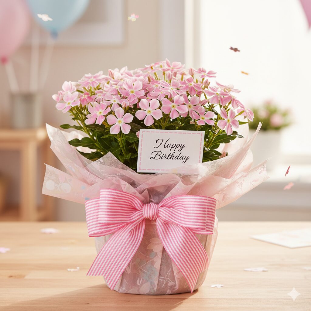 フェアリースター 花言葉　夏の誕生日プレゼントとしてラッピングされたフェアリースターの鉢植え