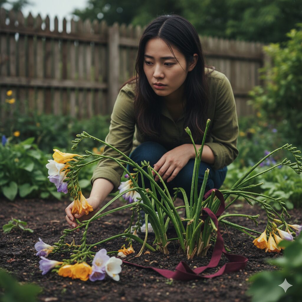 倒れてしまったフリージアの茎を悲しそうに見つめる若い女性。倒伏が起こったフリージアの構造的な弱点とリスク要因を視覚的に表現。