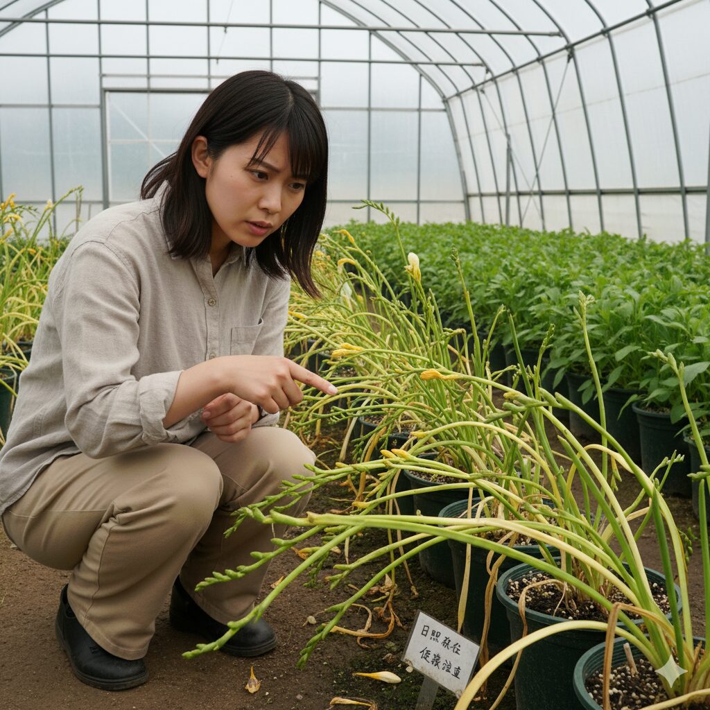 日照不足により徒長し、間延びした軟弱なフリージアの茎を指差して確認する女性。徒長による倒伏リスクを解説。