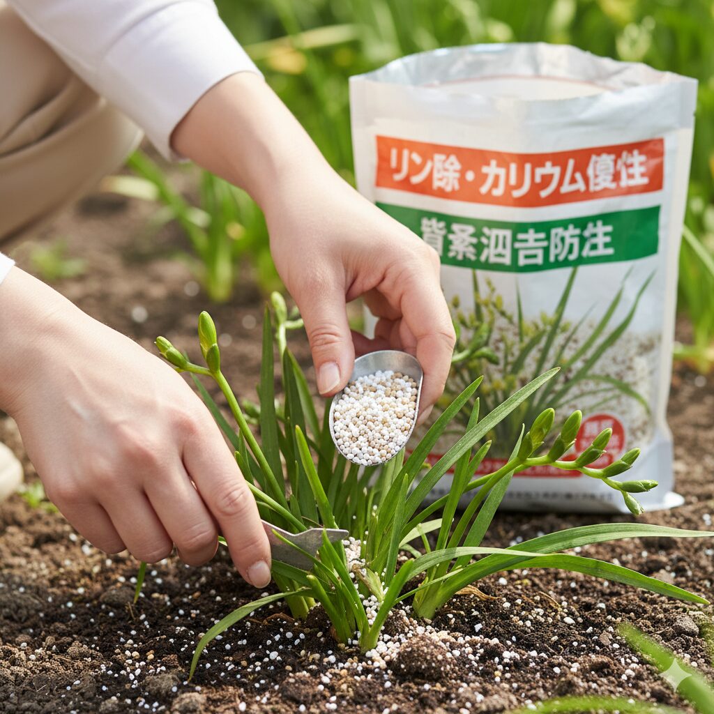 窒素過多を防ぎ、カリウムを補給するため、フリージアの株元にリン酸・カリウム優位の化成肥料を施す女性の手元