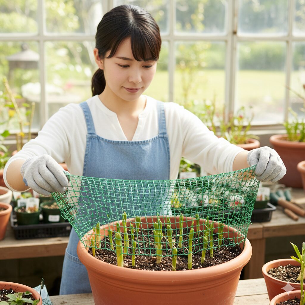 フリージアの芽出し期に合わせて、株全体を均等に支えるための1〜2cm角のネットを鉢の上に設置する若い女性。