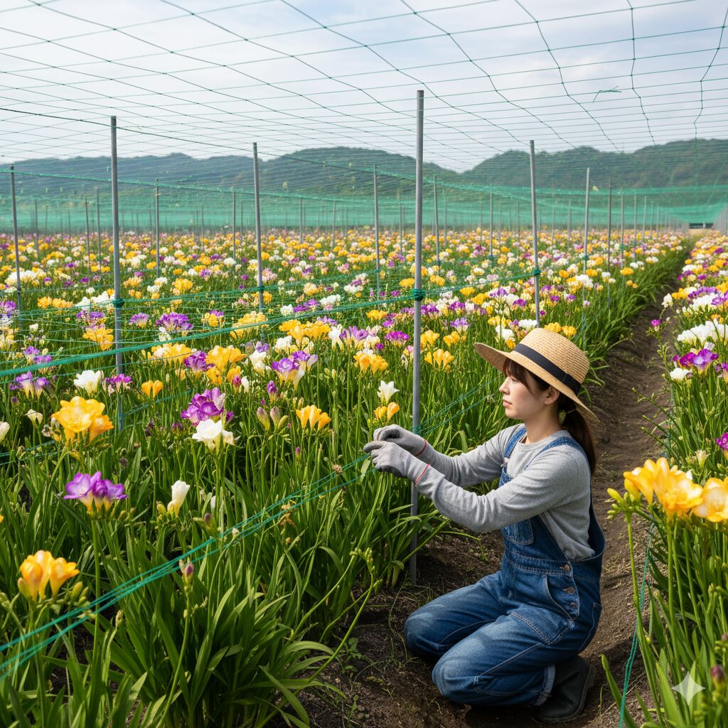 背丈が伸びる高性種のフリージアに対し、ネットを上下に重ねて設置する多段式サポートを調整する女性