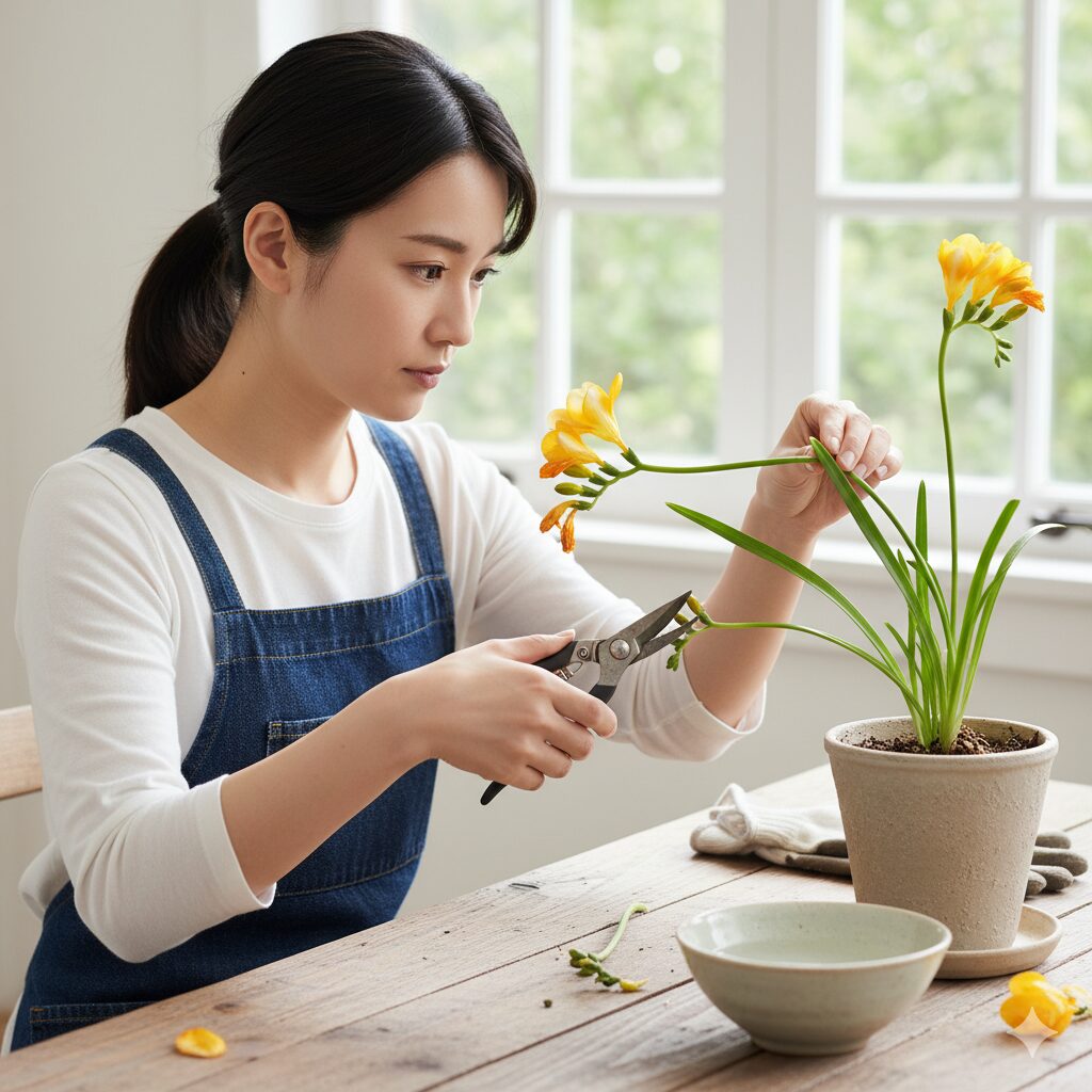 完全に折れてしまったフリージアの茎を切り戻し、健全な葉を残す緊急対応を行う若い女性。