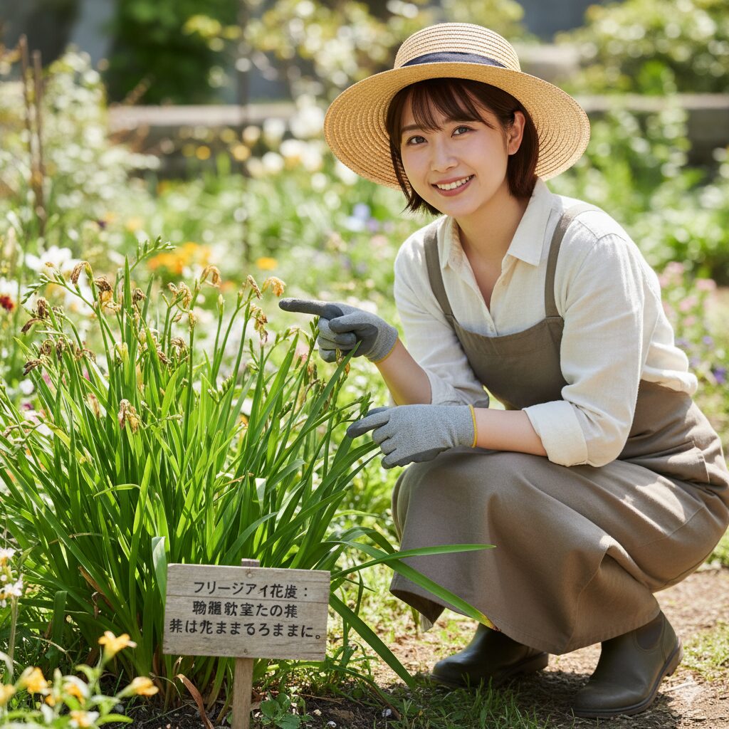 花が終わり、球根を充実させるため、緑色のまま残されたフリージアの葉を指し示す女性。花後の葉を枯れるまで切らない管理の重要性