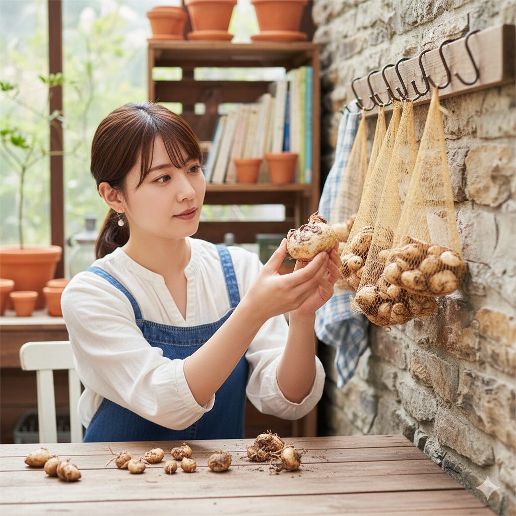 風通しの良い日陰で、ネット袋に入れたフリージアの球根を保管する若い女性。湿度によるカビや腐敗を防ぎ、健康に休眠させる