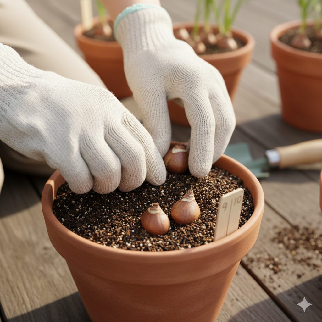 軍手をはめた手が素焼きの鉢にフリージアの球根を植え付けている。土の上には3つの球根が並べられ、土の中には球根が埋められている。背景には他の鉢植えとガーデニングツールが見える