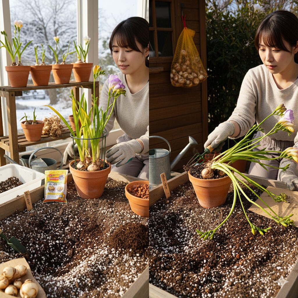 左側では、若い日本人女性が温室で育ったフリージアの鉢植えの手入れをしている。背景には雪景色が見える。右側では、同じ女性が屋外の庭でフリージアの球根を掘り上げている。