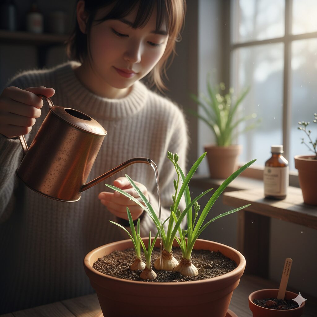 若い日本人女性が、室内で育てているフリージアの鉢植えに銅製のじょうろで水をやっている。フリージアの球根は土から顔を出し、緑の葉が伸びている。