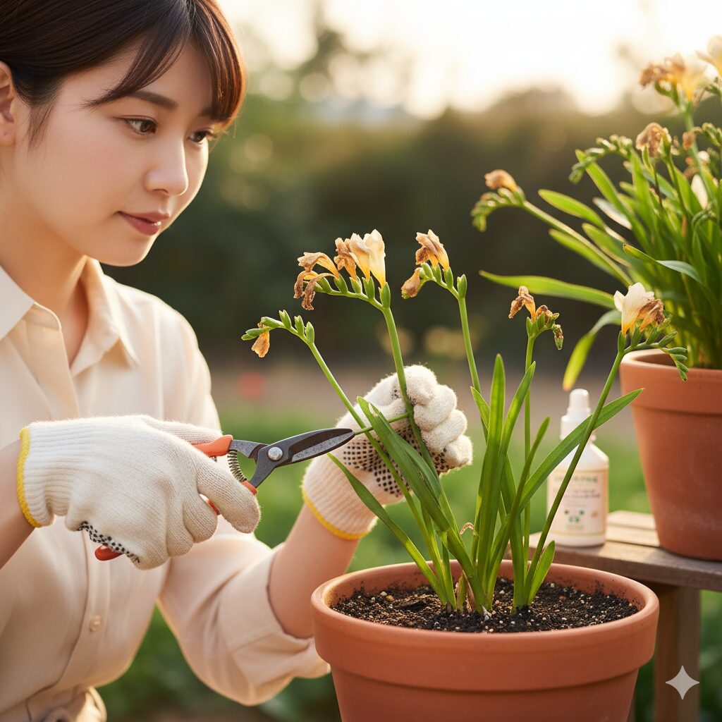 手袋をした若い日本人女性が、花が終わって枯れかかっているフリージアの鉢植えの花ガラをハサミで摘み取っている。背景には夕暮れの庭が広がる。