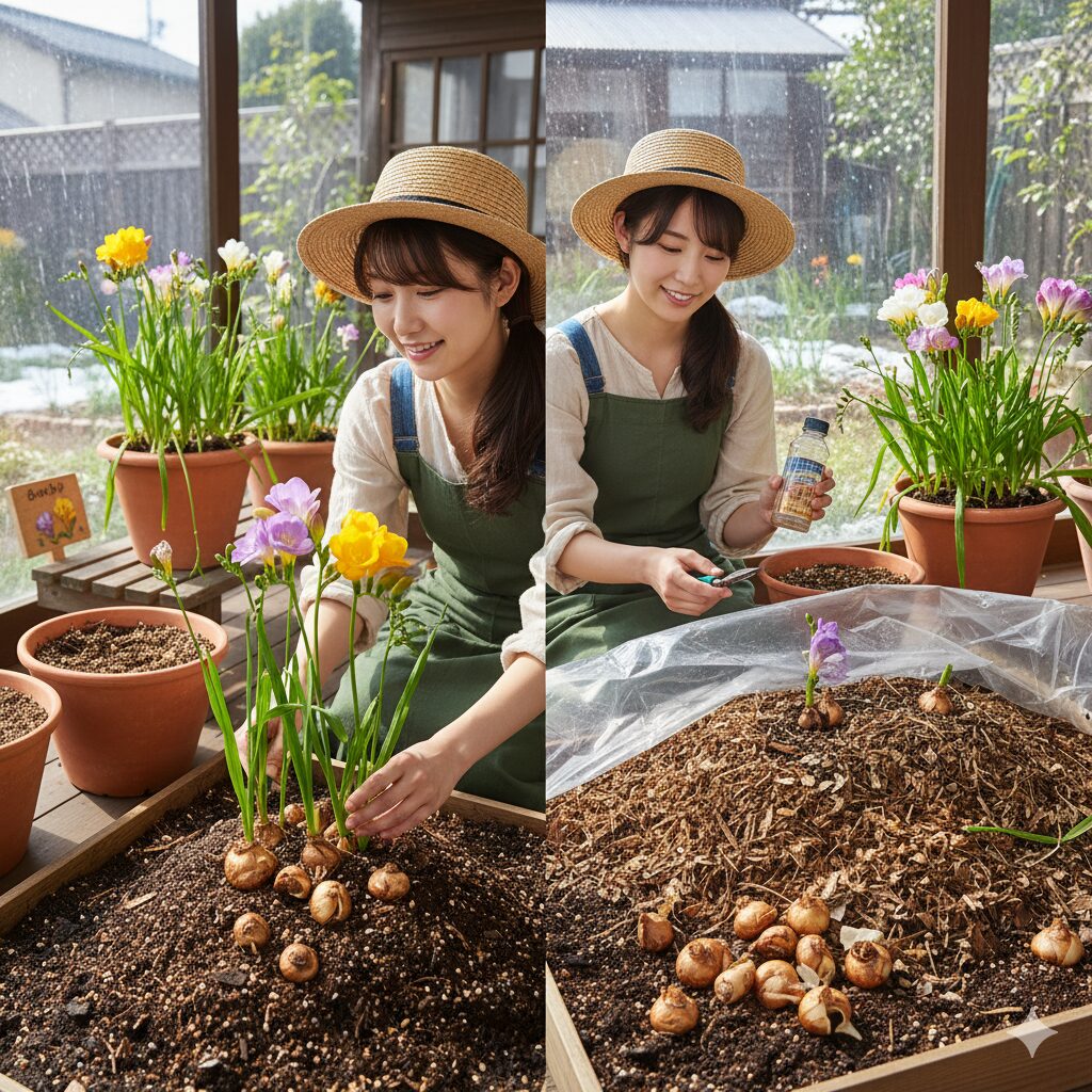 フリージアが植えられた地植えの花壇と、鉢植えのフリージアが並べられている様子。若い日本人女性が比較している