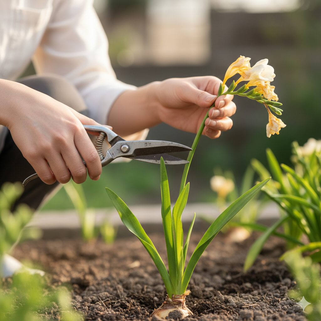 咲き終わったフリージアの花茎を剪定し、まだ緑色の葉は残している若い日本人女性の手元