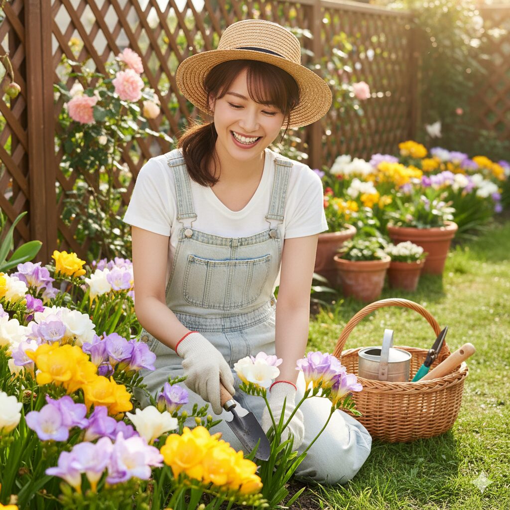 美しいフリージアの花が咲き誇る庭で、若い日本人女性が笑顔でガーデニングを楽しむ様子。