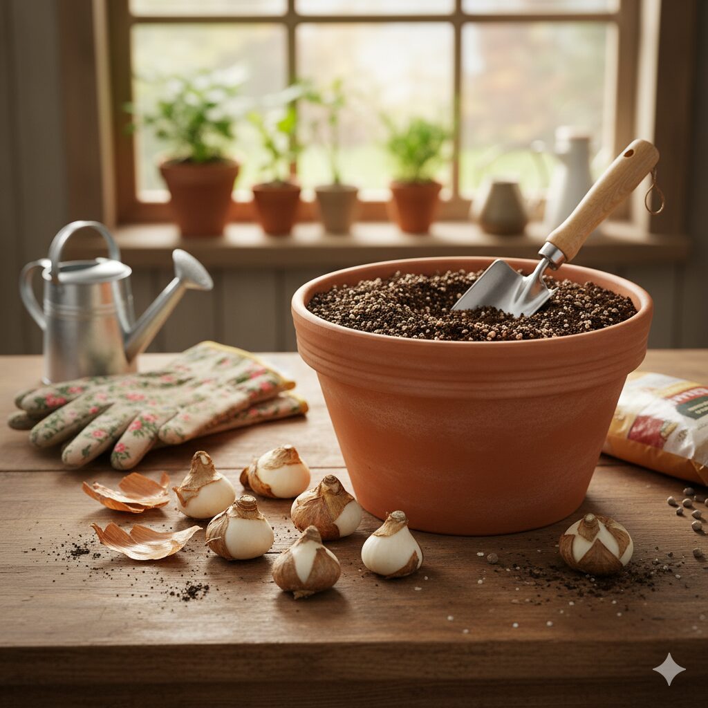 フリージアの球根と、水はけの良い土壌、スコップなどのガーデニング用品が並べられた作業台